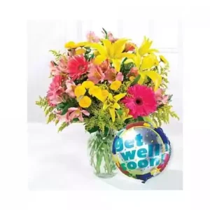 Get Well Balloon and Flower Bouquet
