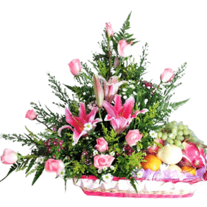 Pink Roses N Lily Mixed With Fruits