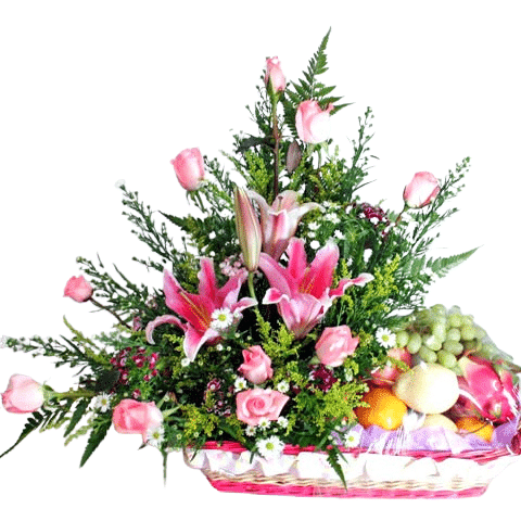 Pink Roses N Lily Mixed With Fruits