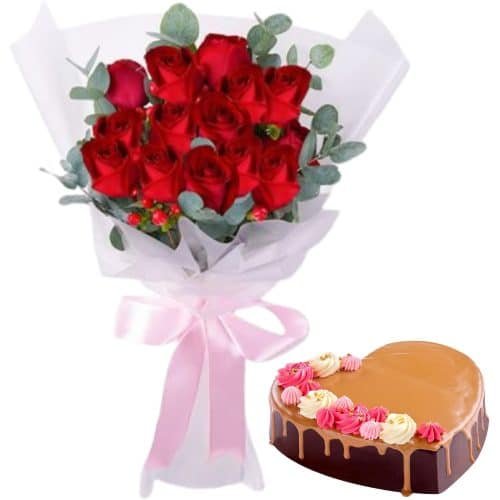 12 Red Roses Bouquet w/ Goldilocks Valentine Cake