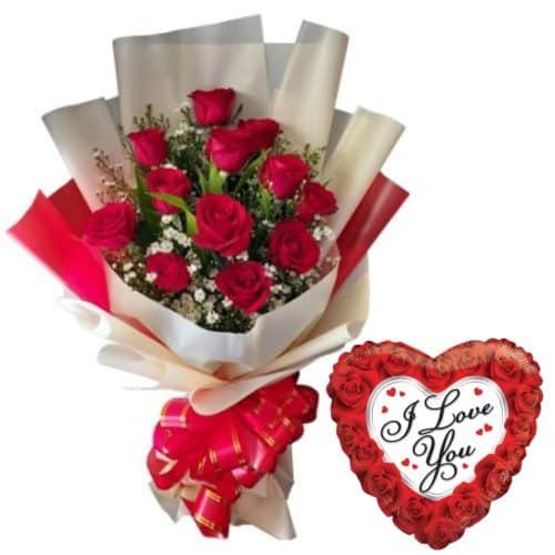 12 Red Roses with Mylar Balloon