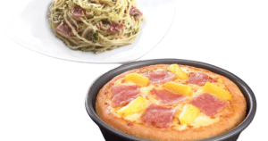 Spaghetti Carbonara and Hawaiian Pizza
