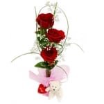 3 Red Roses With Glass Vase And Bear