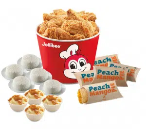 Chicken Bucket 8pc + Mashed Potatoes or 1 1.5 coke + 4 Rice + 4 PeachMango Pie