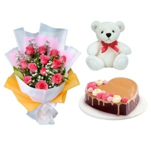 12 Pink Roses Bouquet W/ Goldilocks Valentine Cake & Teddy Bear