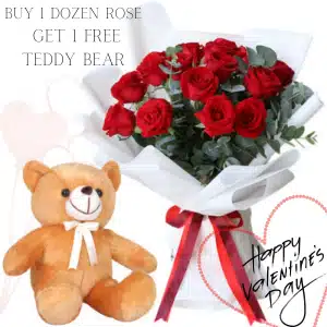 12 Red Rose Bouquet w/ Free Teddy Bear