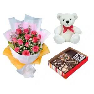 12 Pink Roses w/Fudgy Brownies & Teddy Bear