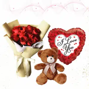 12 Red Rose w/Teddy Bear and Balloon