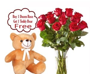 12 Roses in a Vase w/Free Teddy Bear