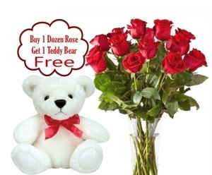 12 Roses in a Vase w/Free White Teddy