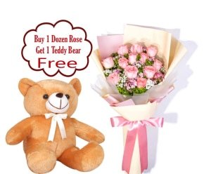 12 Baby Pink Rose Bouquet w/FREE Teddy Bear