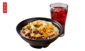 Cheesy Beef Donburi with Red Iced Tea