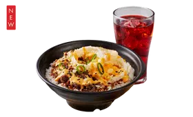 Cheesy Beef Donburi with Red Iced Tea