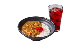 Curry Rice Donburi with Red Iced Tea