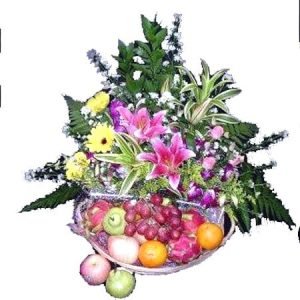 Pink Lily N Fruits Basket Arrangement