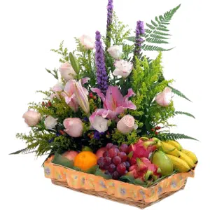 Pink Lily And Roses With Assorted Fruits