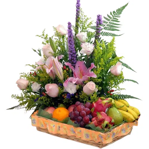 Pink Lily And Roses With Assorted Fruits