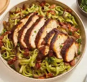 Grilled Chicken Pesto Pasta with Caramelized Onion